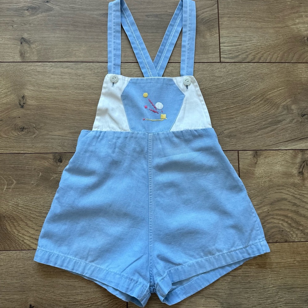 Vintage Light Blue Baby Shortall | 1960s–70s | Embroidered Detail | Fits 6–9M